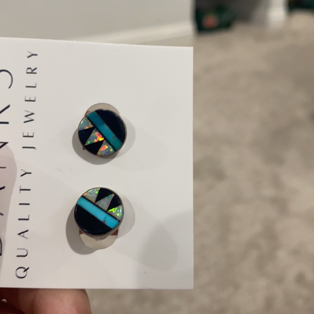 Onyx turquoise abs opal stud earrings - Picture 2 of 2
